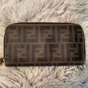 FENDI Tobacco Zucca Coated Canvas Zip Around Wallet